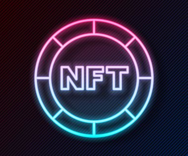 Parlayan neon hattı NFT dijital şifreleme resim simgesi siyah arkaplanda izole edildi. Para iadesi olmayan jeton. Vektör