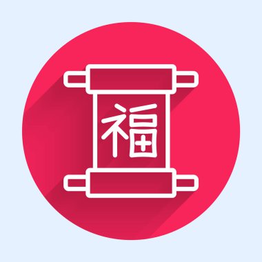 Beyaz çizgi Çin Yeni Yıl ikonu uzun gölge arkaplan izole. Kırmızı daire düğmesi. Vektör