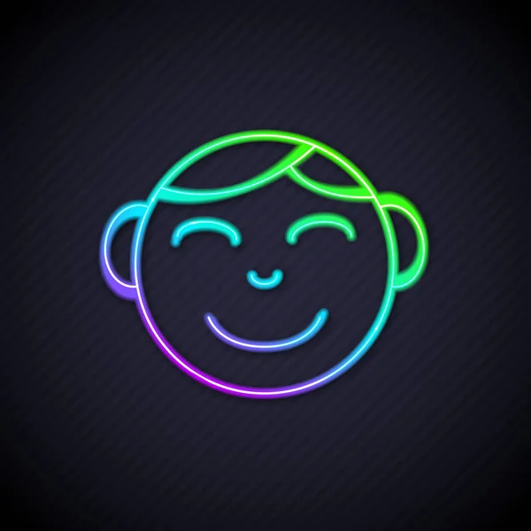 Parlayan Neon Hattı Mutlu Küçük Çocuk Baş Simgesi Siyah Arka — Stok Vektör