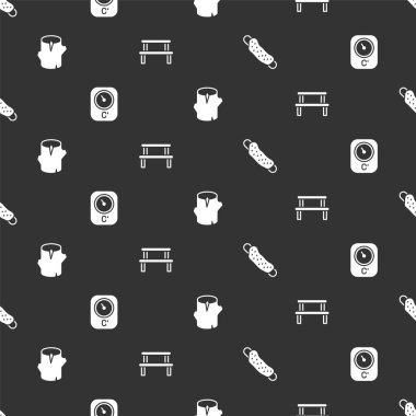 Çamaşır bezi, sauna termometresi, ahşap kütük ve ahşap tezgahı pürüzsüz desene ayarlayın. Vektör