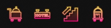 Merdiven boşluklarını kapatın, tepsiyle kaplanın, imzalı mesaj oteli ve bavulu hazırlayın. Parlayan neon ikonu. Vektör
