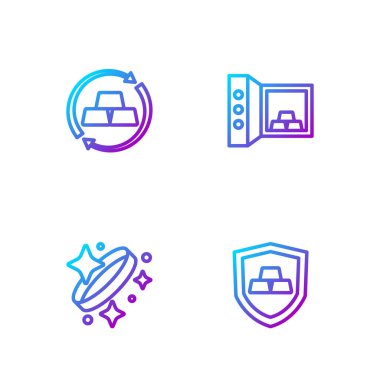 Altın külçelerini kalkan, yüzük, takas parası ve güvenli altınla donatın. Renk simgeleri. Vektör