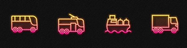 Set Line Öltankschiff Bus Trolleybus Und Lieferwagen Leuchtende Leuchtschrift Vektor — Stockvektor