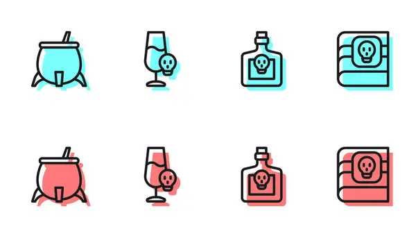 Встановіть Лінію Пляшка Зіллям Котел Відьом Отруєний Алкоголем Книгу Про — стоковий вектор