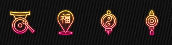 Állítsa Vonal Kínai Papír Lámpás Gong Hangszer Újév Ragyogó Neon — Stock Vector