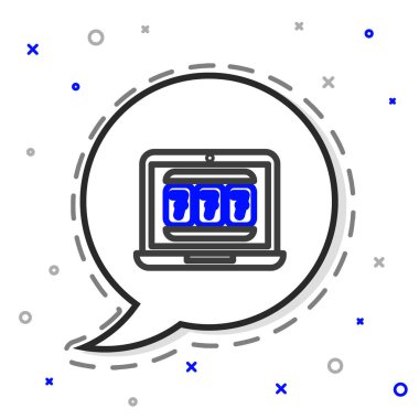 Sıralı dizüstü bilgisayar ve slot makinesi beyaz arka planda izole edilmiş şanslı yedili ikramiye ikonu. İnternetteki kumarhane. Renkli taslak konsepti. Vektör İllüstrasyonu.