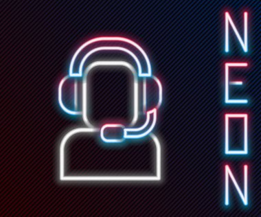 Siyah arkaplanda izole edilmiş bir kulaklık simgesi olan parlak neon çizgili adam. Destek operatörü hatta. Çağrı merkezi konsepti, müşteri destek servisi. Renkli taslak konsepti. Vektör