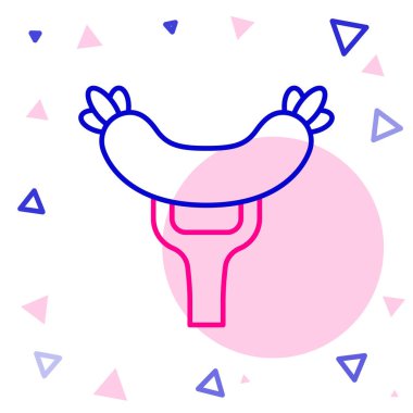 Çatal simgesindeki çizgi sosisi beyaz arkaplanda izole edilmiş. Izgara sosis ve aroma işareti. Renkli taslak konsepti. Vektör