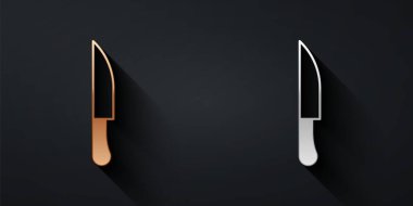 Siyah arka planda altın ve gümüş bıçak ikonu var. Çatal bıçak sembolü. Uzun gölge tarzı. Vektör.