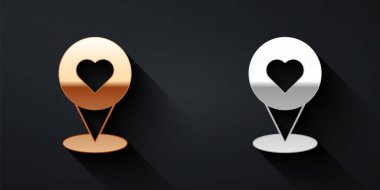 Siyah zemin üzerinde kalp simgesi olan altın ve gümüş harita işaretçisi. Sevgililer Günü. Aşk yeri. Romantik harita iğnesi. Uzun gölge tarzı. Vektör.