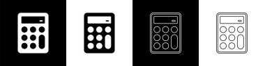 Hesap makinesi simgesini siyah ve beyaz arkaplanda izole et. Muhasebe sembolü. İş hesaplamaları matematik eğitimi ve finans. Vektör