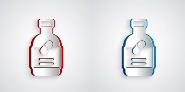 Kağıt kesiği ilaç şişesi ve gri arka planda izole edilmiş ilaç ikonu. Şişe hapı işareti. Eczane tasarımı. Kağıt sanatı tarzı. Vektör