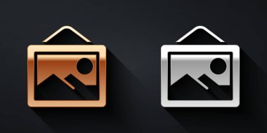 Siyah arkaplanda izole edilmiş altın ve gümüş renkli manzara ikonu. Uzun gölge tarzı. Vektör