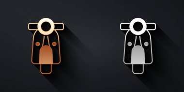 Siyah arka planda altın ve gümüş Scooter ikonu var. Uzun gölge tarzı. Vektör