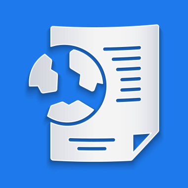 Kağıt, mavi arka planda izole edilmiş belge simgesiyle Dünya 'yı kesti. Dünya ya da Dünya işareti. Küresel internet sembolü. Geometrik şekiller. Kağıt sanatı tarzı. Vektör