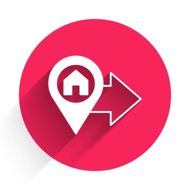 Uzun gölge arkaplan izole edilmiş ev simgesine sahip beyaz harita işaretçisi. Ev konumu belirleyici sembol. Kırmızı daire düğmesi. Vektör