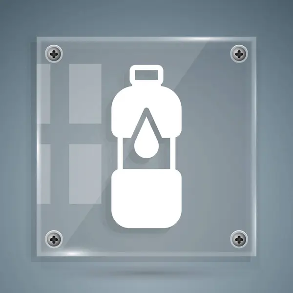 灰色の背景に分離された水のアイコンの白いボトル ソーダアクアドリンクの看板 正方形のガラスパネル ベクトル — ストックベクタ