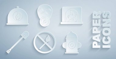 Yangın söndürme kibriti, şömine içi, yangın küreği, yangın musluğu, gaz maskesi ve itfaiyeci miğferi ikonu. Vektör