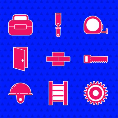 Tuğla, tahta merdiven, testere bıçağı, el, işçi kaskı, kapalı kapı, rulet inşaatı ve alet kutusu ikonu. Vektör