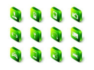 Müzik çalar, sabit disk sürücüsü, fotoğraf makinesi, grafiksel tablet, klavye, kulaklık, şarj aleti ve akıllı telefon, mobil simge. Vektör