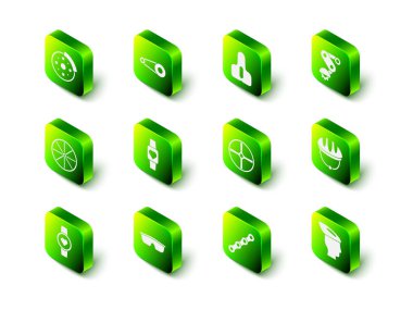 Bisiklet zincirini teçhizat, koltuk, Derailleur bisiklet arka, kask, tekerlek ve spor bisiklet bisiklet güneş gözlüğü ikonu ile kurun. Vektör