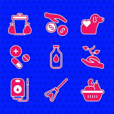 Bir şişe su, paspas, bağış yiyecek kutusu, gönüllü ekip ağaç dikme, kan bağışı, ilaç hapı ya da tablet, köpek ve çöp tenekeli kalp. Vektör