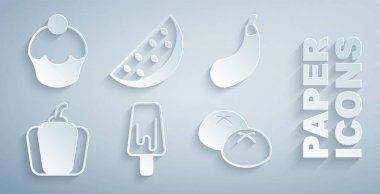 Dondurma, patlıcan, dolma biber, ekmek, karpuz ve kek ikonu. Vektör