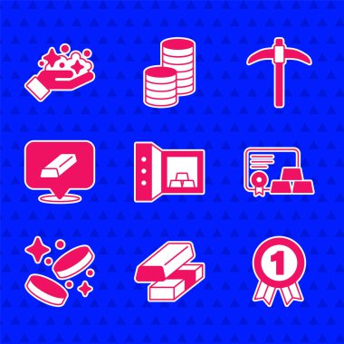 Altın külçeli kasa, altın bozdurma parası, madalya, sertifika, bozuk para, kazma ve maden ikonu. Vektör