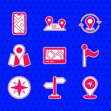 GPS cihazını harita, trafik işareti, harita pimi, bayrak, rüzgar gülü, katlanmış konum simgesi ve şehir navigasyon simgesi ile ayarla. Vektör