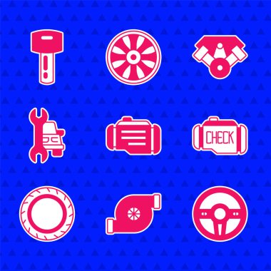 Motoru kontrol et, otomotiv turbo şarj aleti, direksiyon, araba lastiği, servis, uzaktan kumandalı elektrikli araba ve anahtar. Vektör