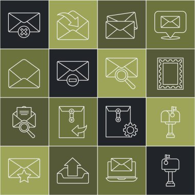 Posta kutusu, posta pulu, zarf, silme zarfı ve büyüteç simgesiyle ayarla. Vektör