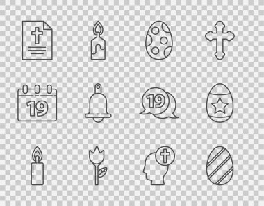 Sabit çizgi yanan mum, Paskalya yumurtası, çiçek lalesi, Happy 'li tebrik kartı, zil, insan başlı Hıristiyan haçı ve ikonu. Vektör