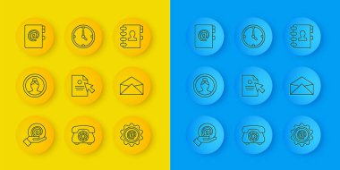 Satır Posta ve e-postayı elde ayarla, Hesap ekranı, Belge imleci, Zarf, Adres Defteri ve Saat simgesi oluştur. Vektör