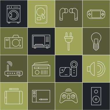 Hat ses sistemi hoparlörü, hoparlör sesi, fikir sahibi ampul, kulaklık, mikrodalga fırın, fotoğraf makinesi, çamaşır makinesi ve elektrik prizi ikonu. Vektör