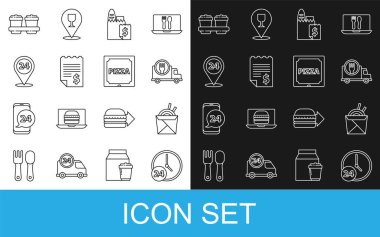 Saati 24 saat kur, Asya eriştesi ve yemek çubukları, arabayla hızlı teslimat, online sipariş, kağıt para çeki, 24 saat kahve fincanı ve paket pizza ikonu. Vektör