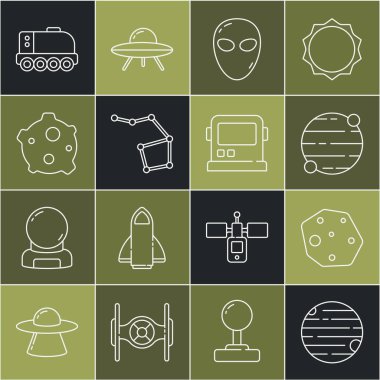 Planet, Asteroid, Alien, Great Bear takımyıldızı, Mars gezgini ve astronot başlığı ikonu. Vektör