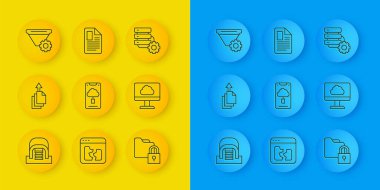 Satır Hangarını sunucular, Veri Aktarımı, Bulut teknolojisi veri transferi, Dizin ve kilit, Filtre ayarı, Sunucu teçhizatı ve Dosya belge simgesi ile ayarla. Vektör