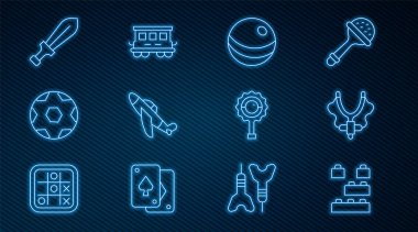 Tuğla, sapan, plaj topu, uçak, futbol topu, kılıç oyuncağı, çıngıraklı bebek ve yolcu vagonları ikonu. Vektör