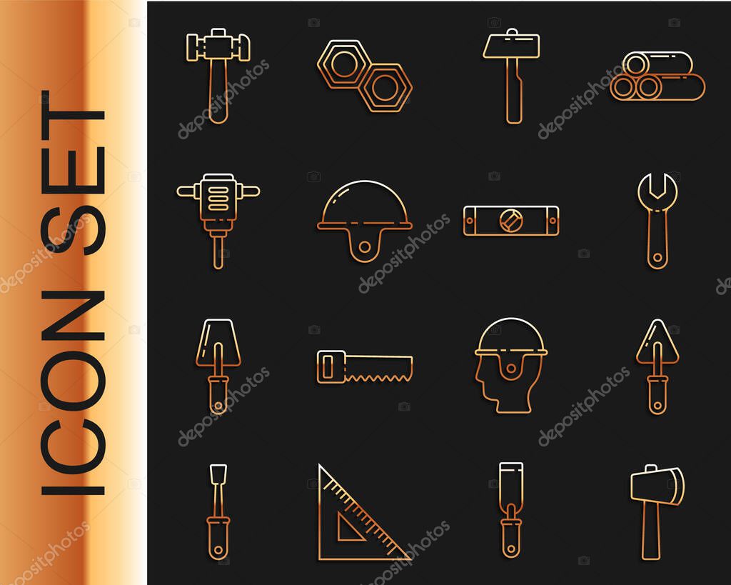 Set line Hacha de madera, llana, llave inglesa, martillo, casco de
