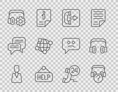 Satır Elemanı, Sorgulanan Kulaklıklar, Giden Arama, İmza Yardım, Ayarlı Kulaklıklar, Küresel Teknoloji, Telefon 24 saat destek ve simge. Vektör