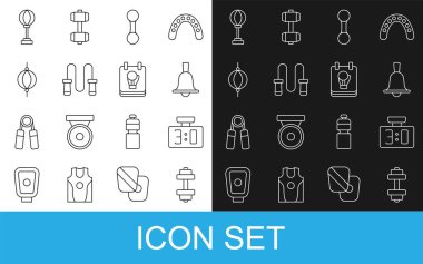 Çizgi Dumbbell, Spor Mekanik Skor Tablosu, Boks, Atlama İpi, Kum Torbası ve Eldiven ikonu. Vektör