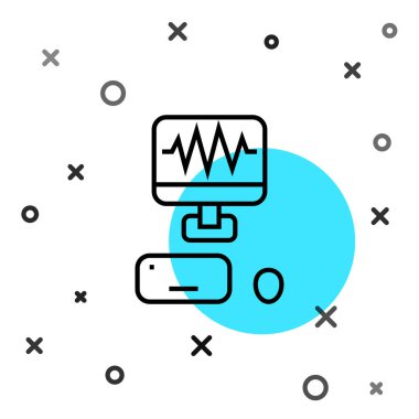 Beyaz arka planda profesyonel ekipman ikonu olan Black Line Ses Kayıt Stüdyosu Kontrol Odası. Rastgele dinamik şekiller. Vektör.