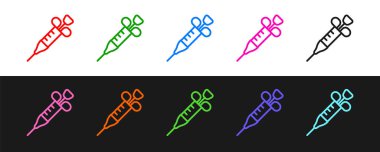 Set line Syringe icon isolated on black and white background. Syringe for vaccine, vaccination, injection, flu shot. Medical equipment.  Vector