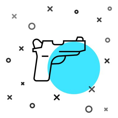 Siyah çizgi tabanca ya da silah ikonu beyaz arkaplanda izole edilmiş. Polis ya da askeri silah. Küçük ateşli silah. Rastgele dinamik şekiller. Vektör