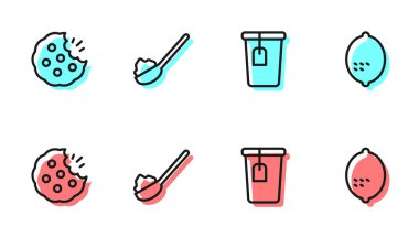 Çay poşeti, kurabiye ya da bisküvi, kaşık şekeri ve limon ikonu koyun. Vektör