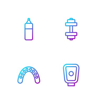 Boks antrenman patileri, Ağız Boksörü, Kum Torbası ve Dumbbell. Renk simgeleri. Vektör