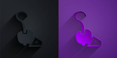 Paper cut Magic staff icon isolated on black on purple background. Magic wand, scepter, stick, rod. Paper art style. Vector.