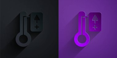 Kağıt kesiği sauna termometre simgesi mor arkaplanda siyah üzerine izole edilmiş. Sauna ve banyo malzemeleri. Kağıt sanatı tarzı. Vektör