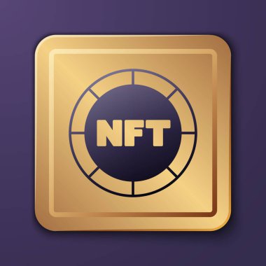 Mor NFT Dijital Şifreleme Sanatı simgesi mor arkaplanda izole edilmiş. Para iadesi olmayan jeton. Altın kare düğme. Vektör