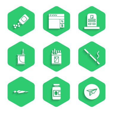 Açık sigara paketi, ilaç şişesi ve haplar, Messenger, Cigarette, Marijuana joint, Electronic, Tombstone ve RIP yazılı ve ikon. Vektör